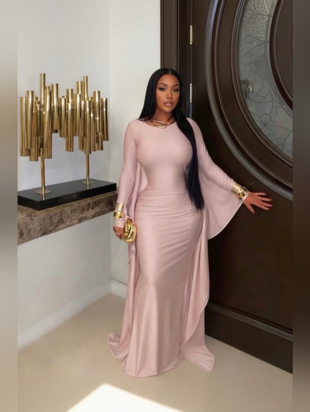 Ottilie Elegant Blush Long Sleeve Draped Maxi Dress